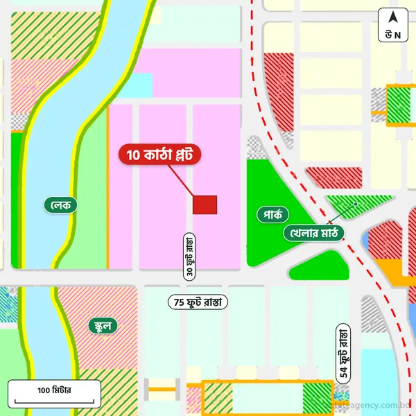 Map around the plot in Purbachal Sector 10; the plot is marked in red