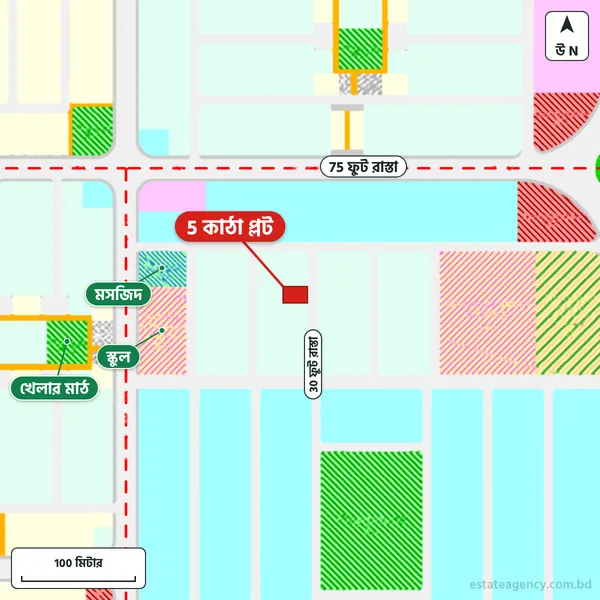 Map around the plot in Purbachal Sector 13; the plot is marked in red