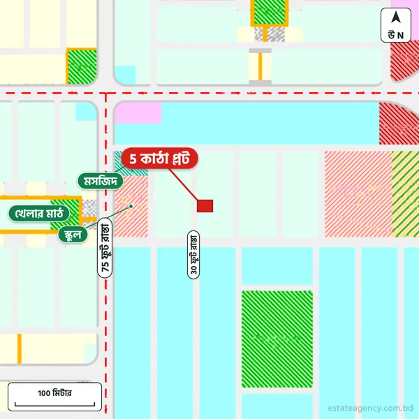 Map around the plot in Purbachal Sector 13; the plot is marked in red