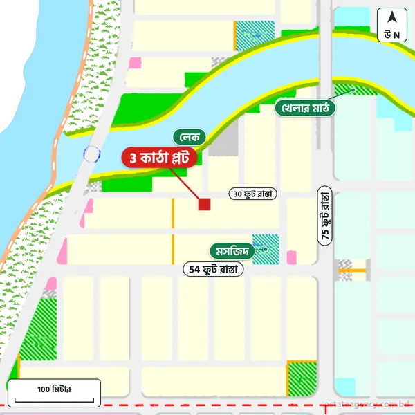 Map around the plot in Purbachal Sector 15; the plot is marked in red