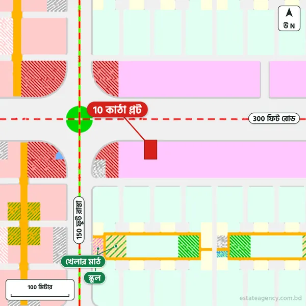 Map around the plot in Purbachal Sector 2; the plot is marked in red