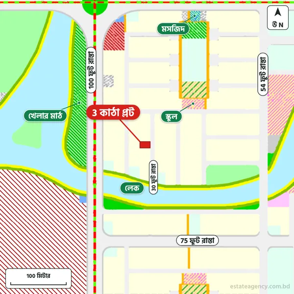 Map around the plot in Purbachal Sector 20; the plot is marked in red