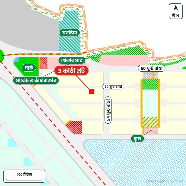 Map around the plot in Purbachal Sector 21; the plot is marked in red