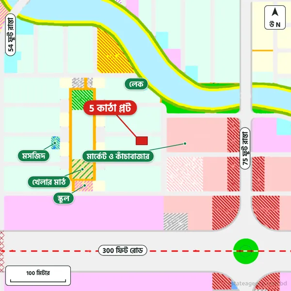 Map around the plot in Purbachal Sector 5; the plot is marked in red