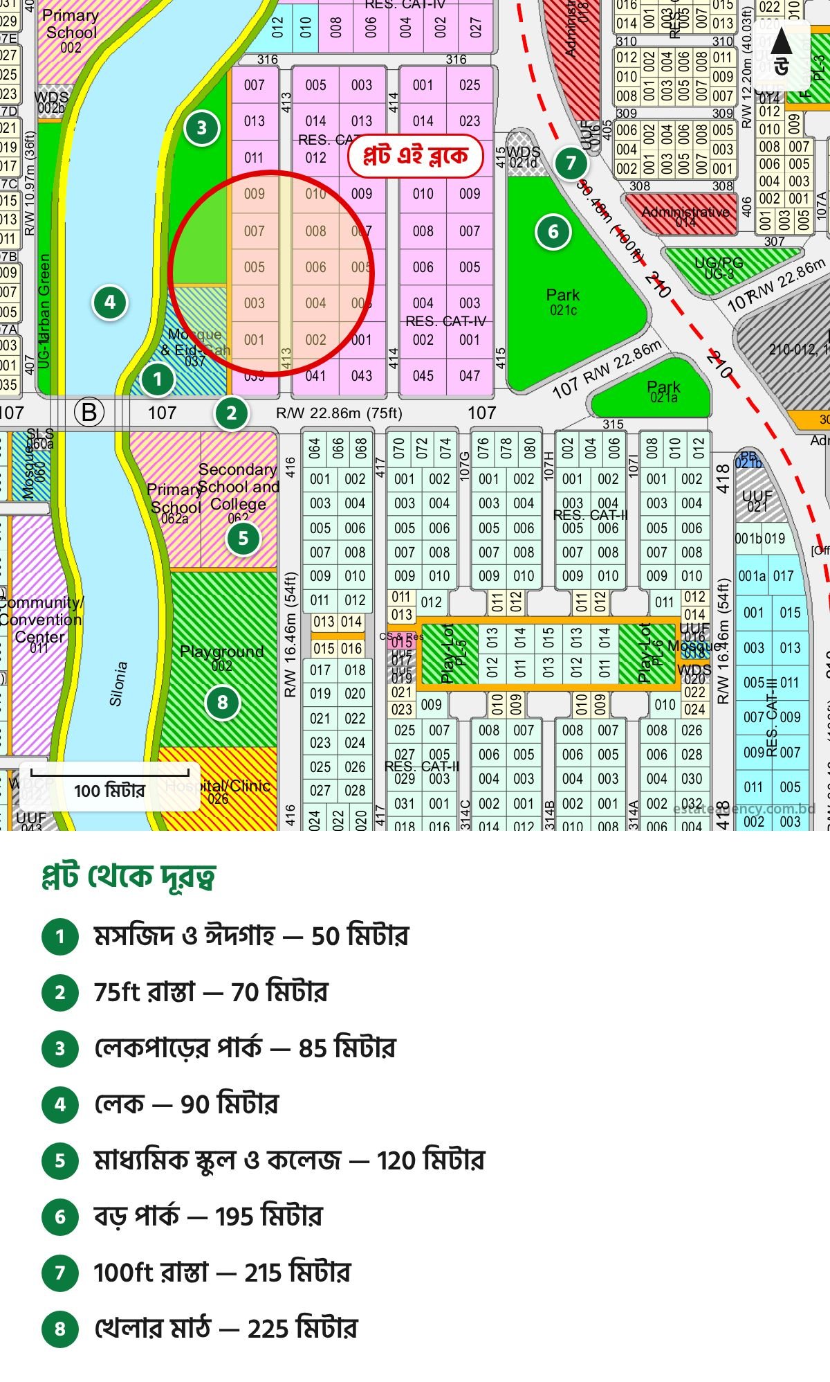Area map and nearby distances for the 10 katha plot in Purbachal Sector 10